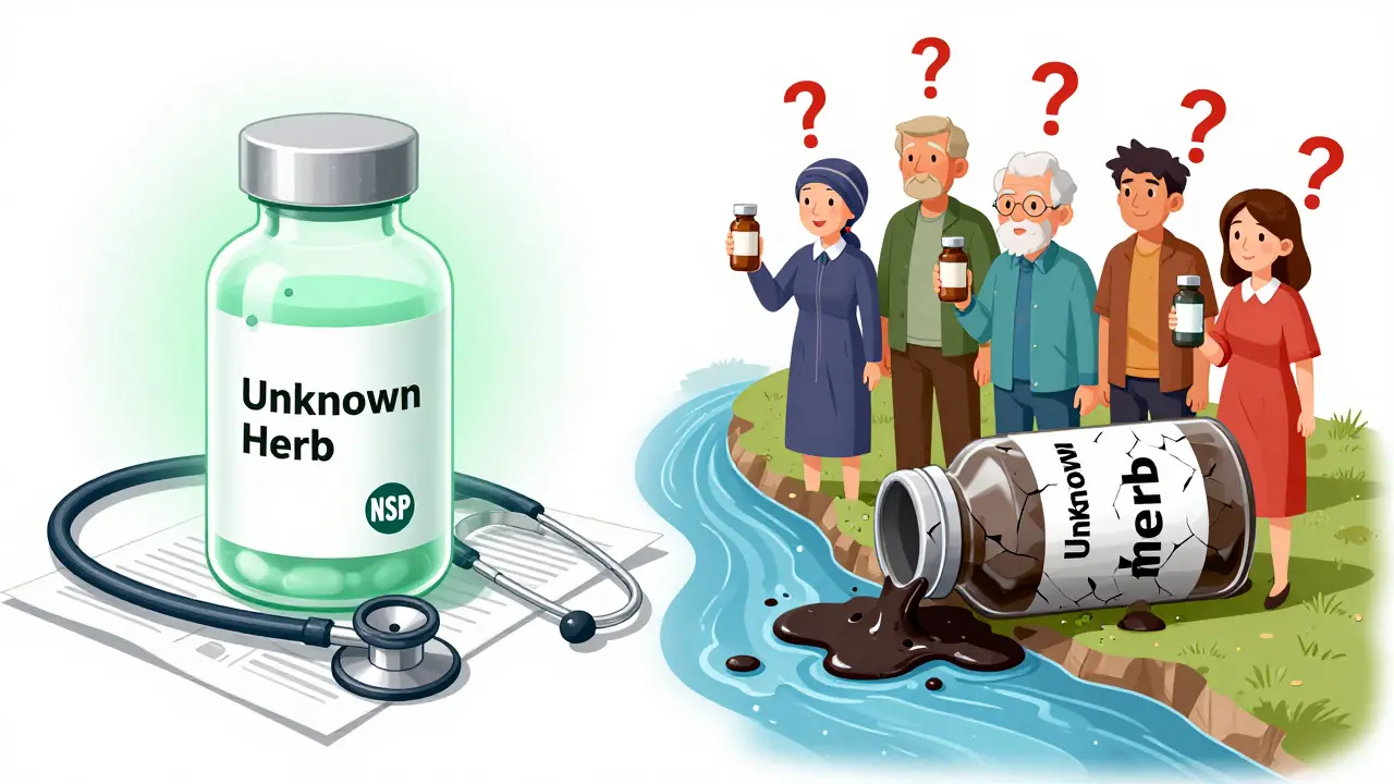 Split scene: safe supplement vs. toxic one, with patients holding uncertain bottles.