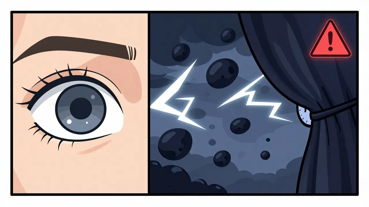 Split-screen warning: normal floaters vs. sudden flashes and shadow, symbolizing emergency signs.