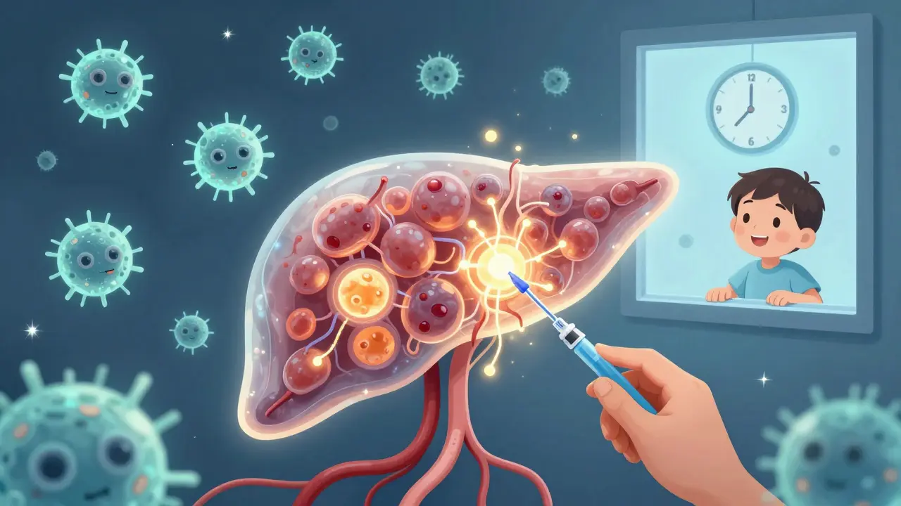 Stem cell islets integrating into the liver, with immune cells calmed by a therapeutic energy field