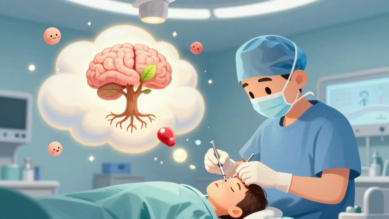 Surgeon removing tonsil and adenoid clouds in a dreamlike operating room, symbolizing restored sleep and growth.