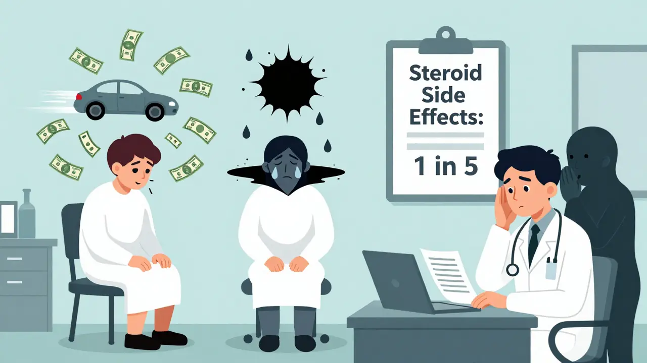 Three patients in a doctor’s office each showing different steroid-induced mental states: euphoria, depression, and psychosis.