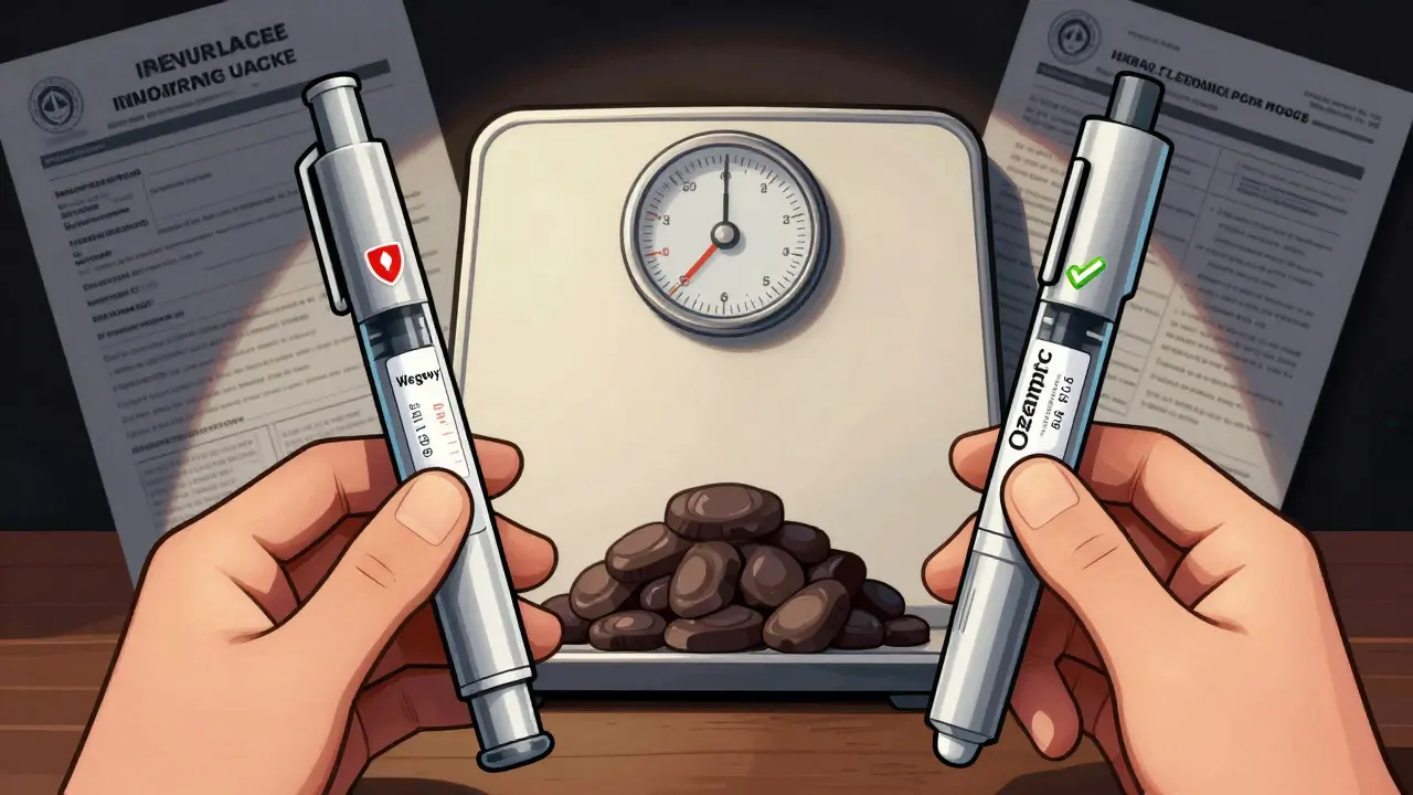 Two identical pens labeled Wegovy and Ozempic with contrasting prices and insurance symbols.