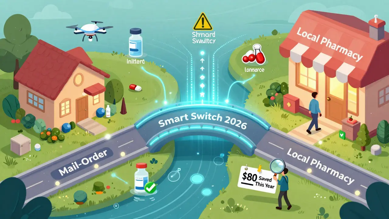 Two pharmacy pathways connected by a smart bridge, with delivery drones, warning icons, and savings tag visible.