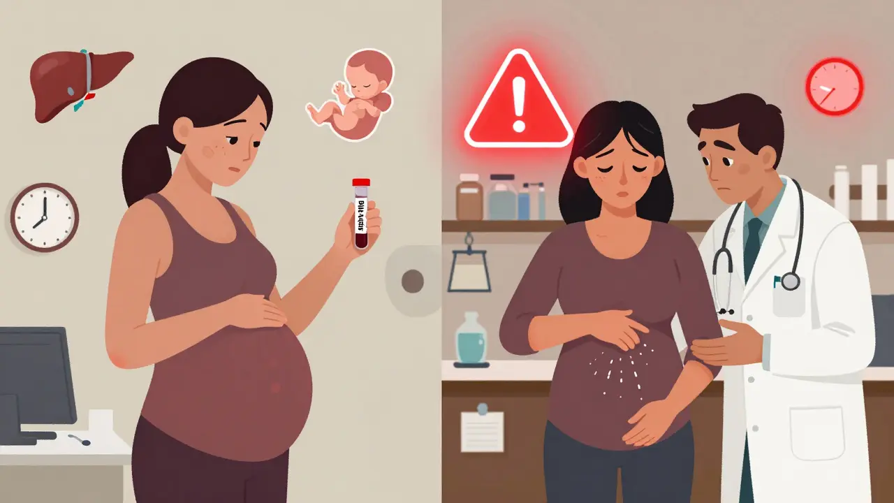 Two pregnant women: one getting tested for bile acids, another in a clinic with no diagnosis, warning symbol glowing.