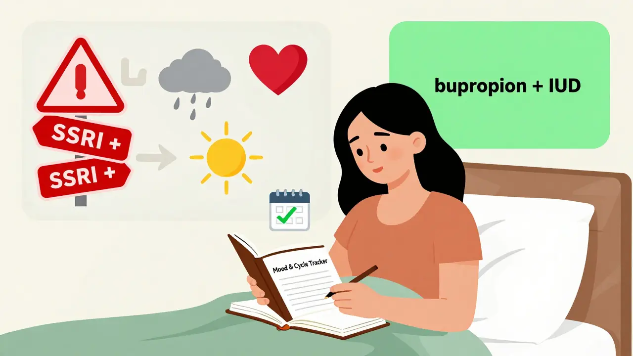 Woman journaling with floating icons representing mood, libido, and cycle symptoms alongside clear vs. cluttered treatment paths.