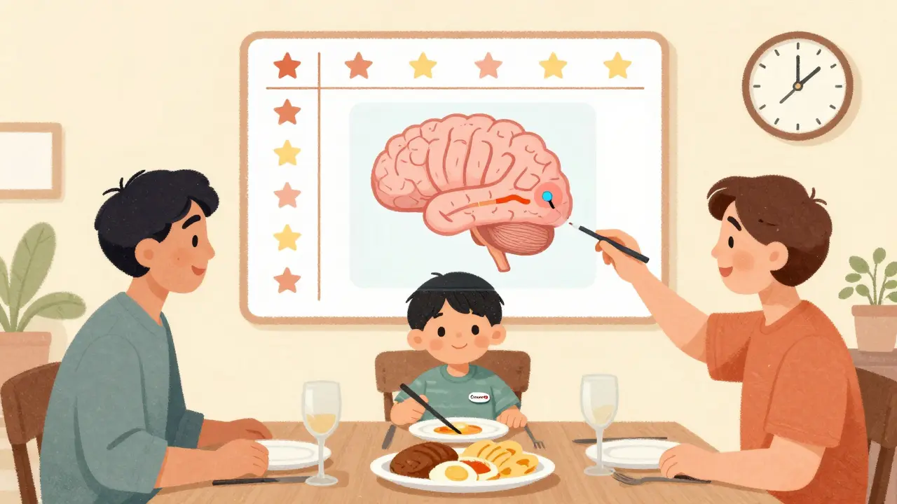 A family at dinner with a reward chart and brain overlay showing balanced neurotransmitters and safe dosing timeline.