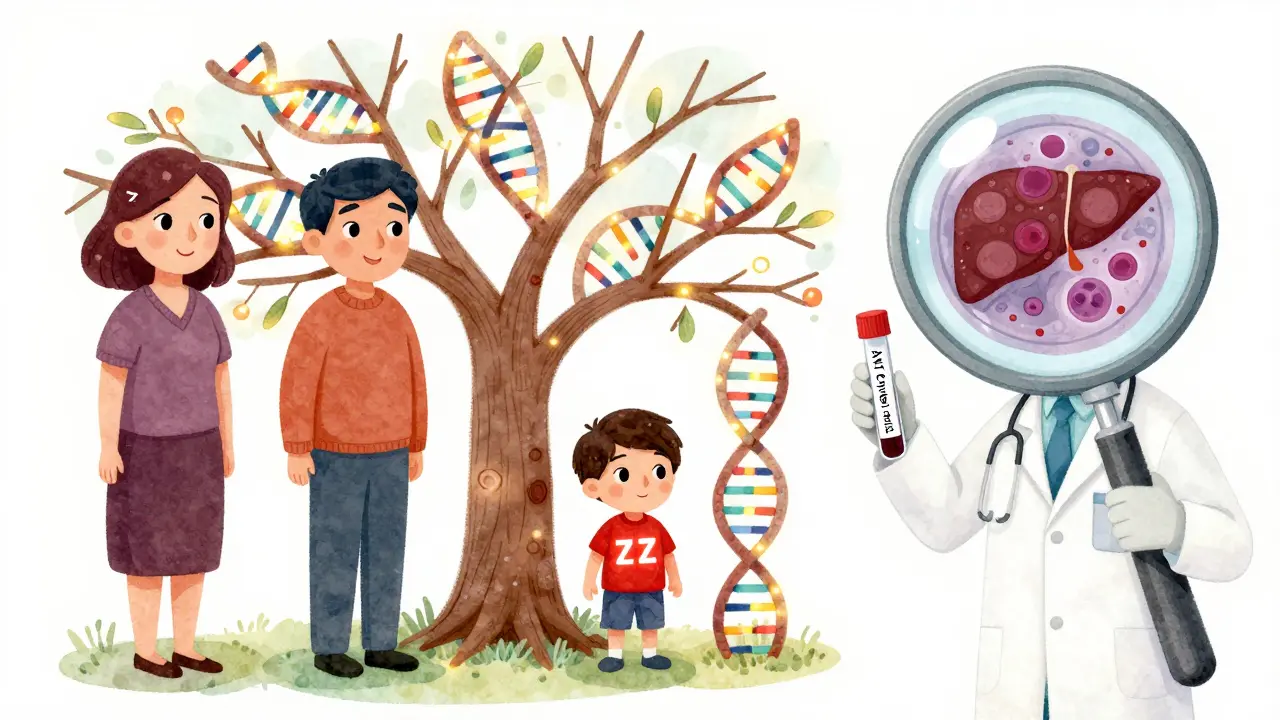 A family tree with hidden genetic markers, a child glowing with ZZ genotype, and a doctor holding a low AAT blood test vial.
