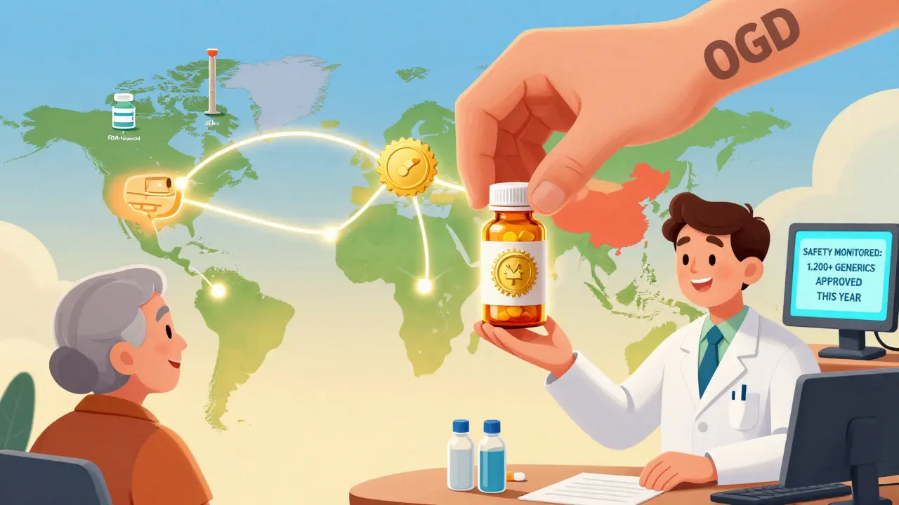 A global map with supply chains to factories, an OGD seal being placed on a pill bottle, and a pharmacist handing medicine to an elderly patient.