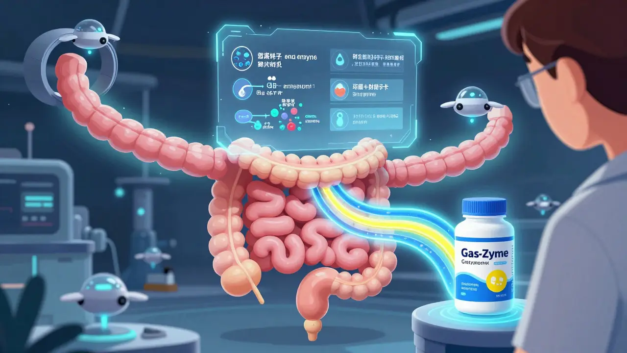 A glowing gut pipeline with AI drones recommending personalized enzyme blends for digestive health.