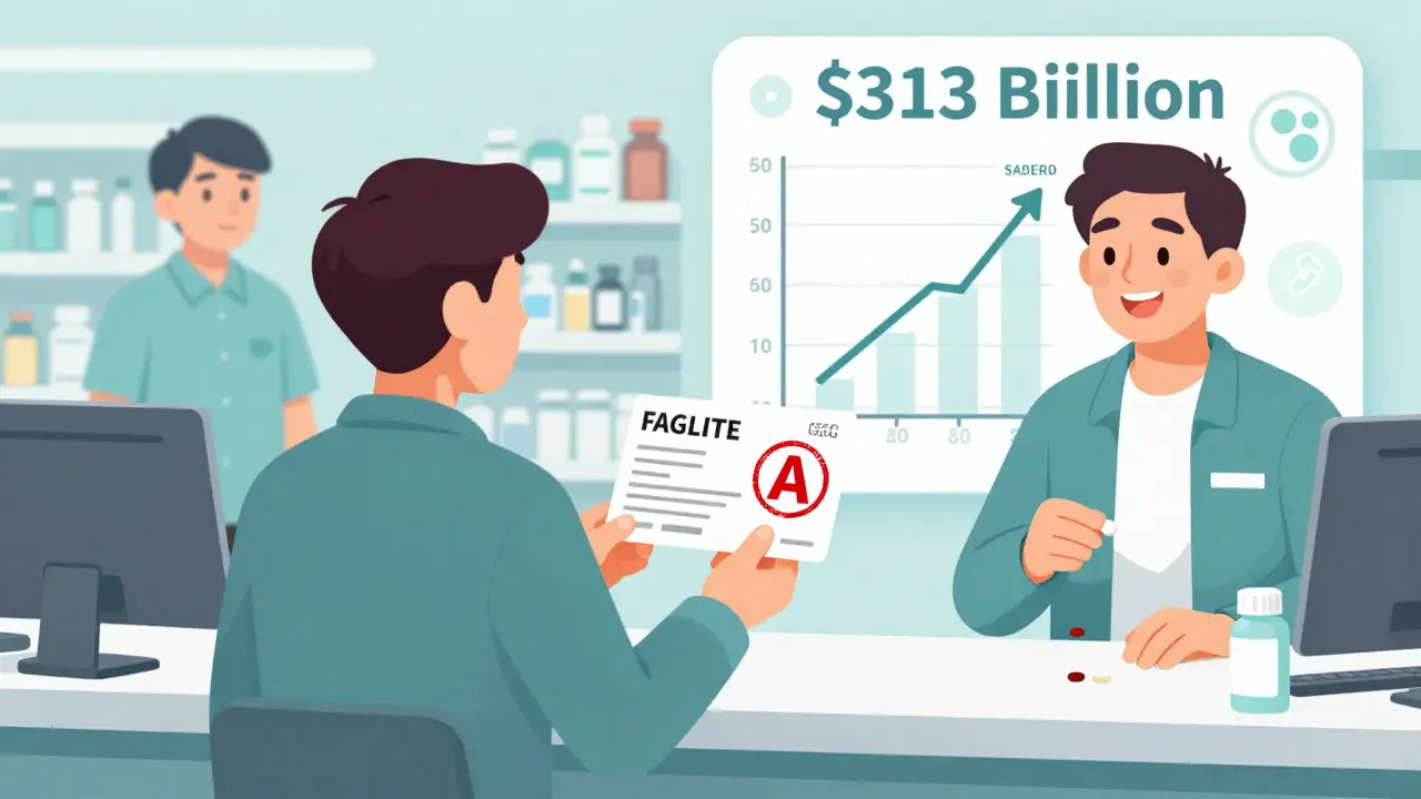 A patient receives a generic drug with an 'A' rating stamp, contrasting past cost struggles with current affordability and adherence.