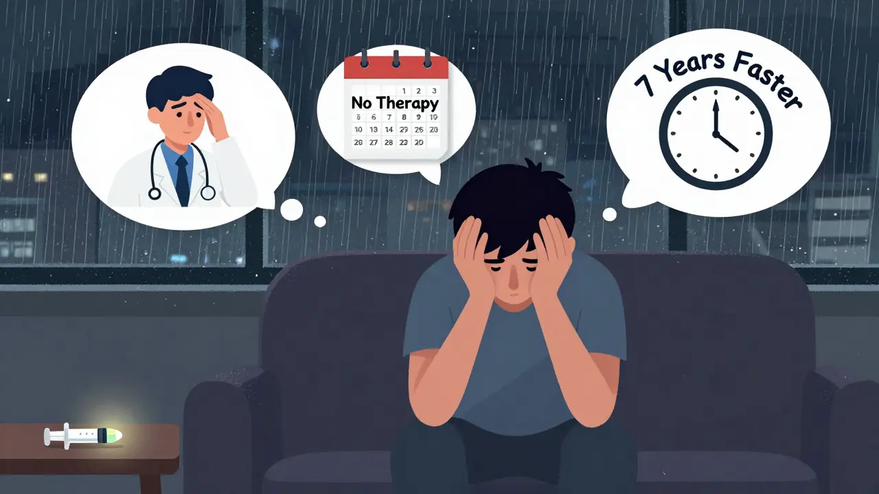 A person surrounded by thought bubbles showing neglect and accelerated aging, illustrating long-term mental and physical toll.