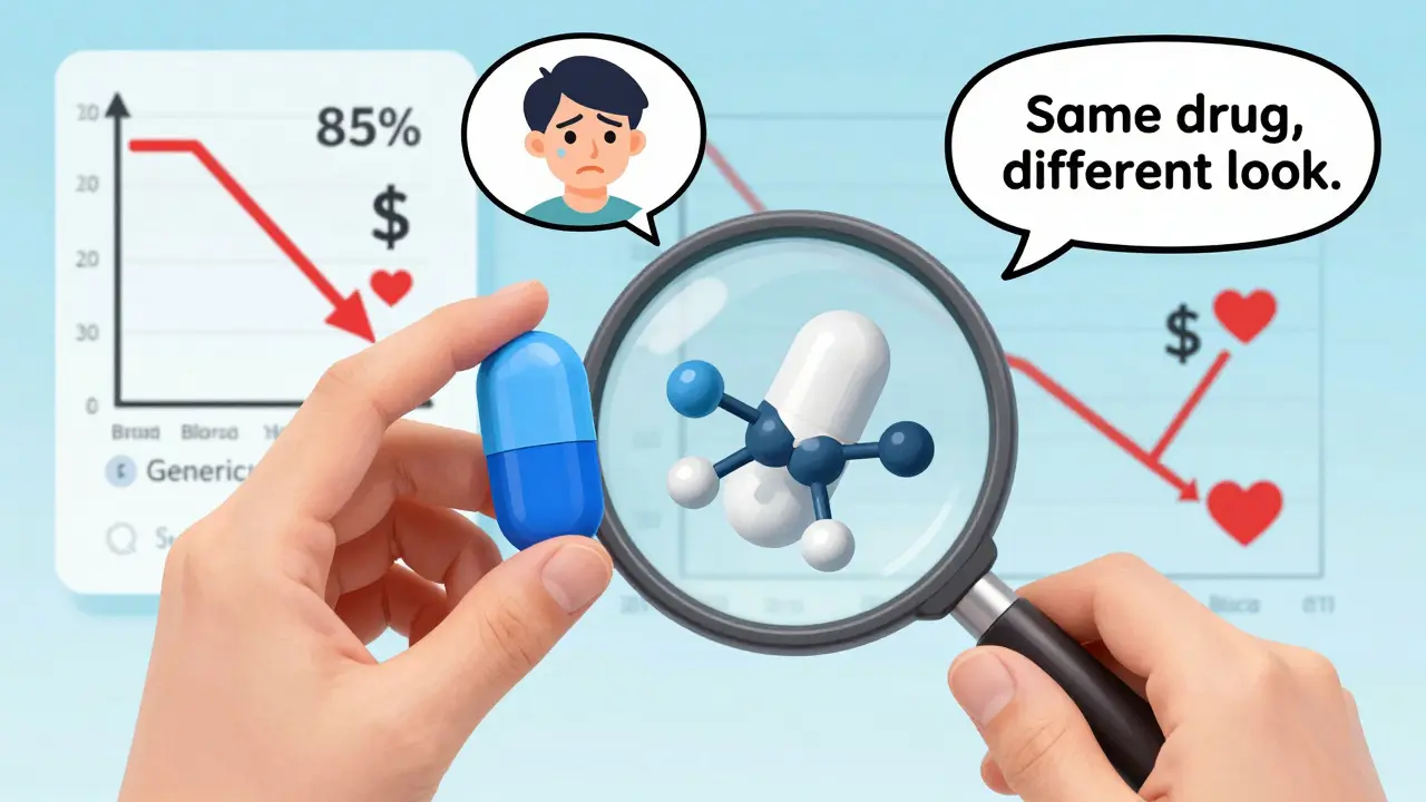 A pharmacist compares two differently colored pills under a magnifying glass, revealing identical internal structures and a price drop graph.