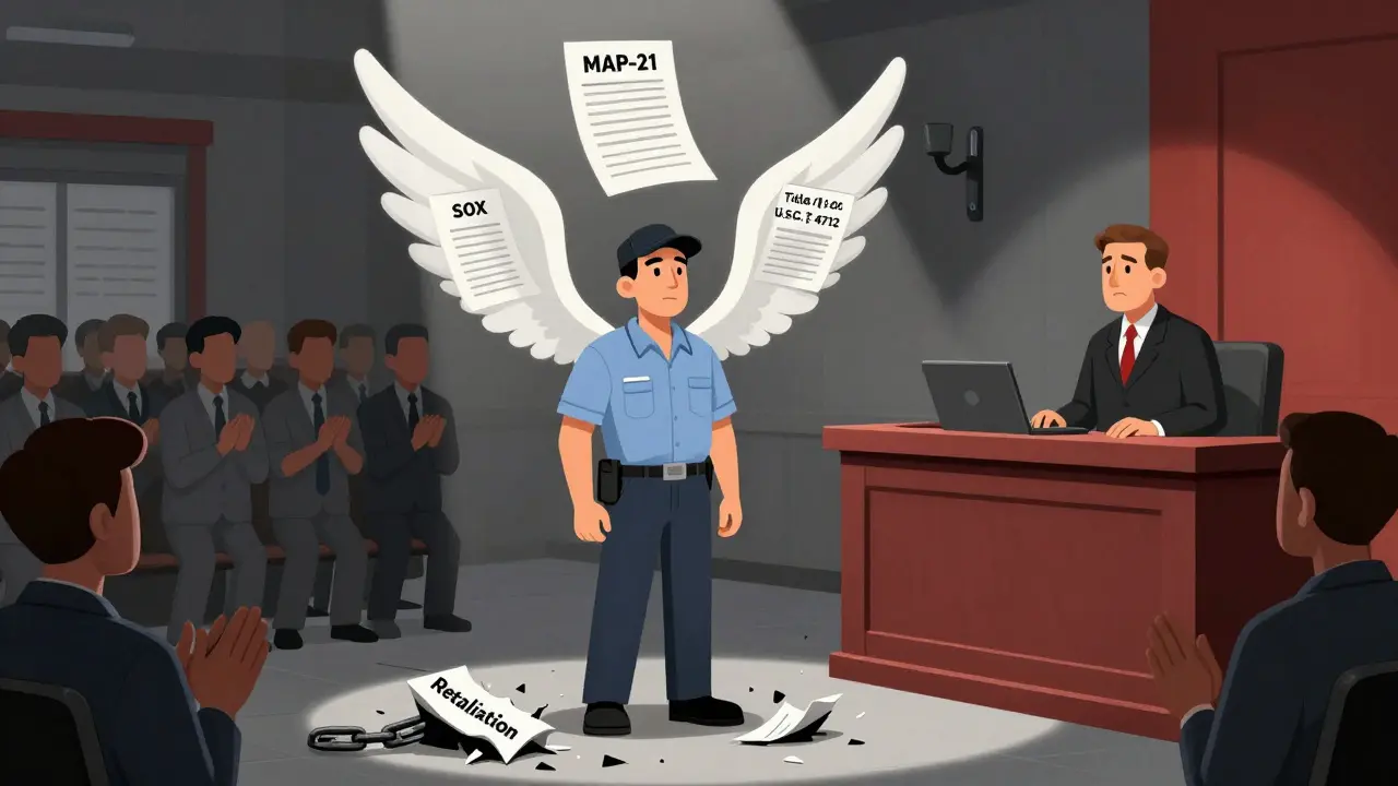 A whistleblower stands confidently in court as federal protection laws hover above like wings, chains of retaliation shattered below.