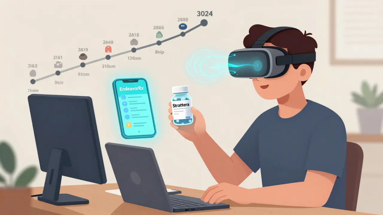 An adult using digital ADHD tools and a non-stimulant pill, with a 20-year progress timeline in the background.