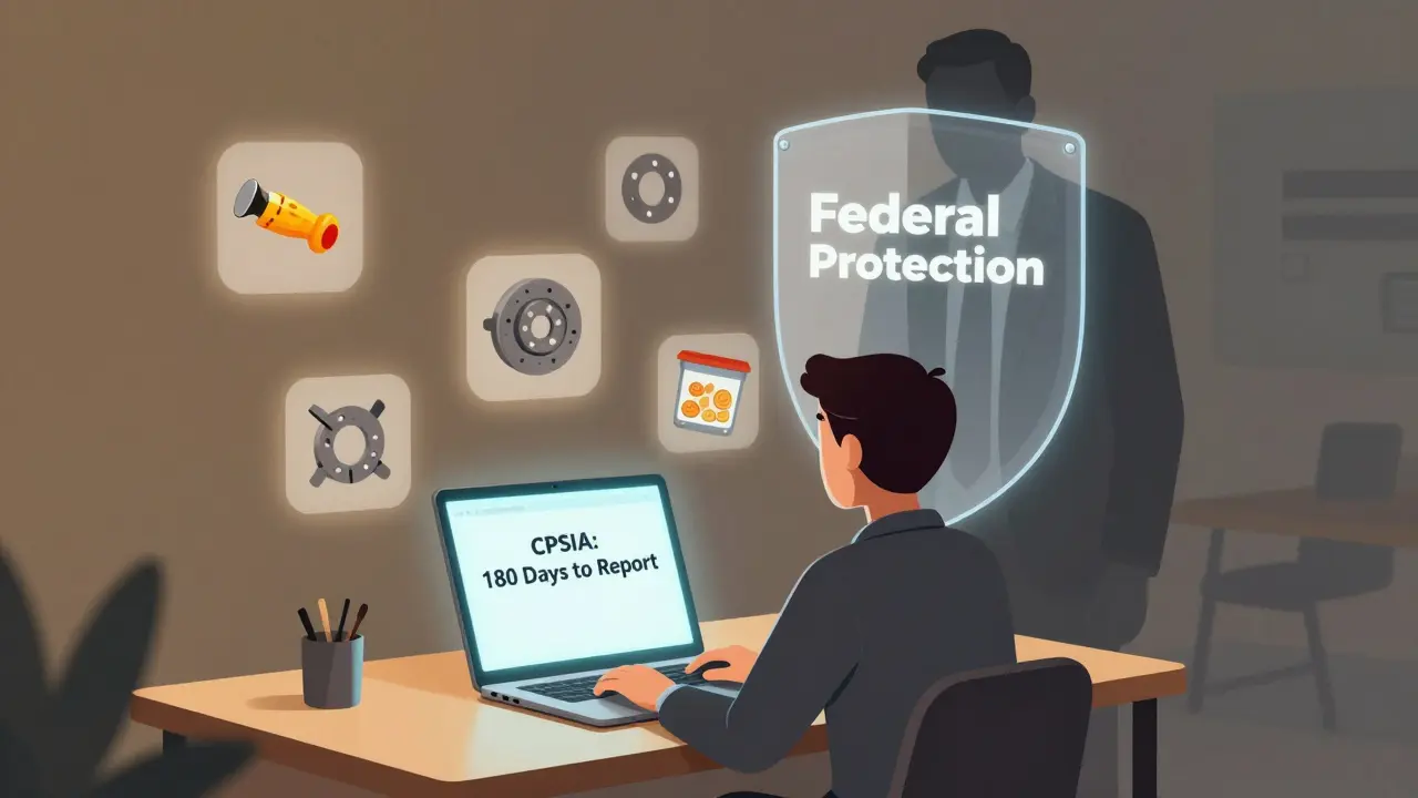 An employee surrounded by safety law icons, protected by a glowing shield from a looming manager.