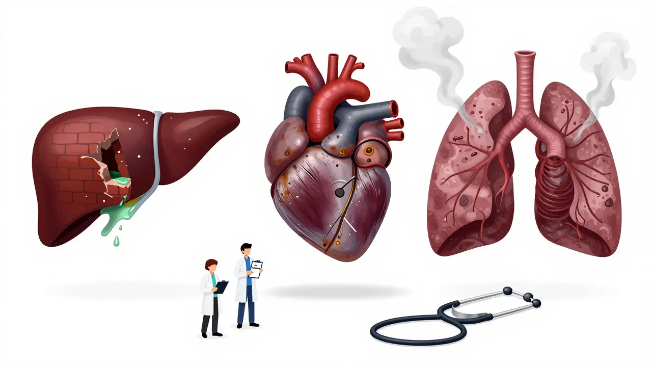 Damaged liver, heart, and lungs with abandoned medical supplies, representing organ failure after overdose.
