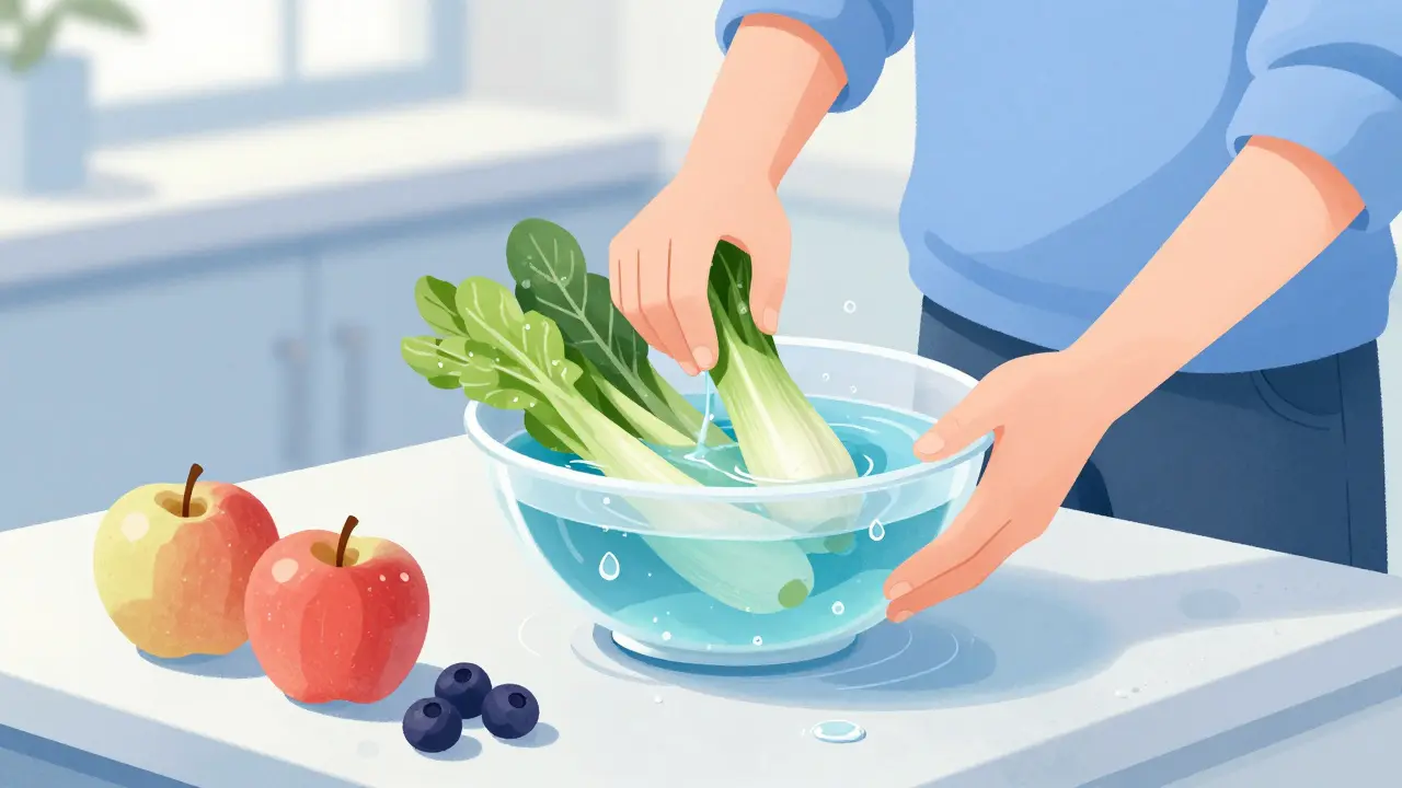 Leaching vegetables in water with apples and berries on counter.