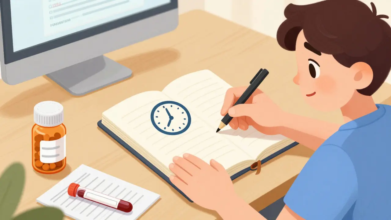 Patient documenting symptoms with pill bottle and lab results.