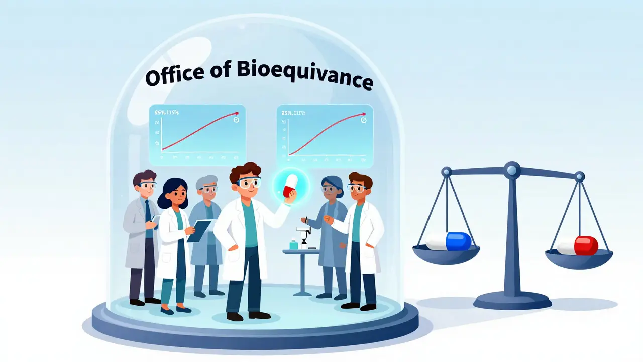 Scientists in a glass dome comparing drug absorption rates of brand and generic pills using glowing bloodstream diagrams and holographic charts.