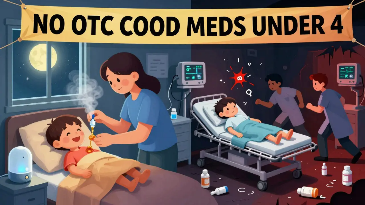 Split scene: peaceful home care with honey and saline vs. chaotic ER with spilled medicine and alarmed doctors.