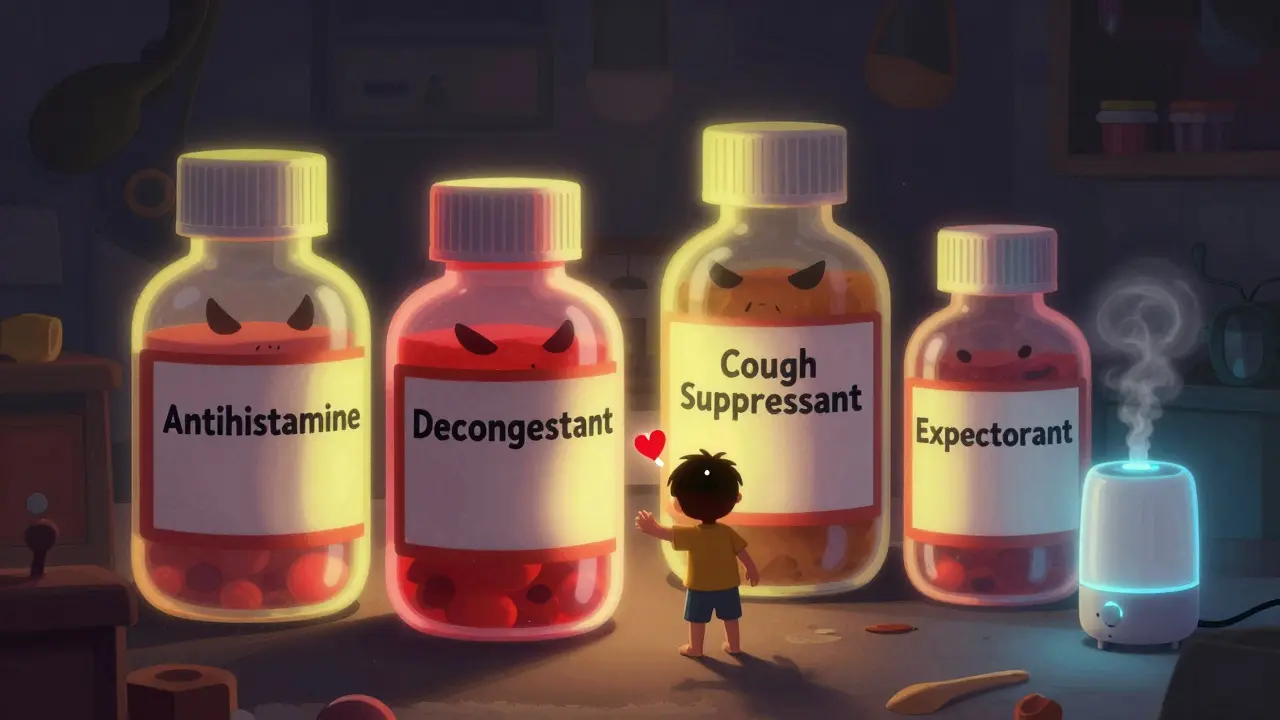 Toddler reaching for giant menacing medicine bottles in a toy-filled room, with a gentle humidifier glowing nearby.