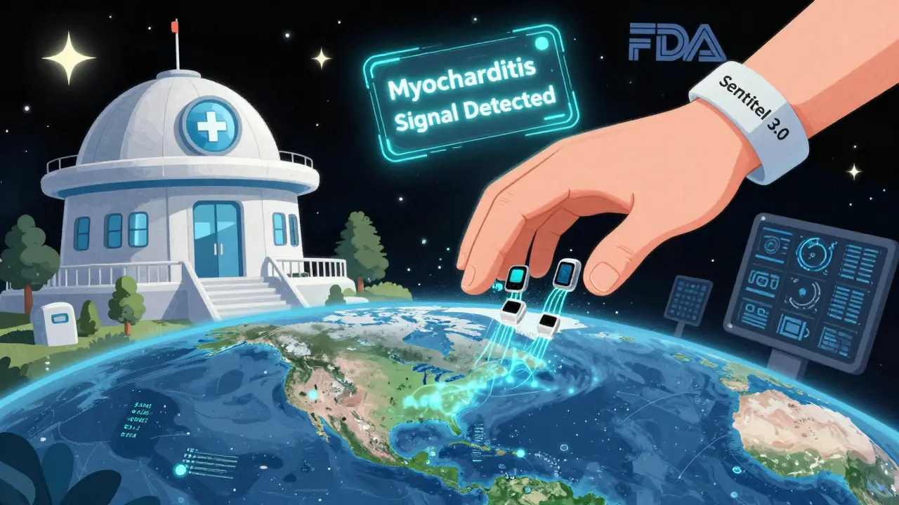 A futuristic observatory pulling real-time health data from wearables and records, alerting to a drug safety issue with a hologram.