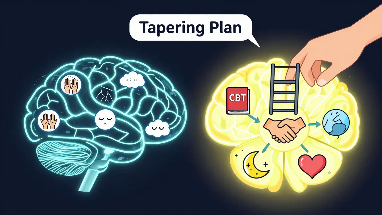 A glowing brain transitioning from chaotic anxiety to calm neural pathways, supported by therapy and tapering tools.