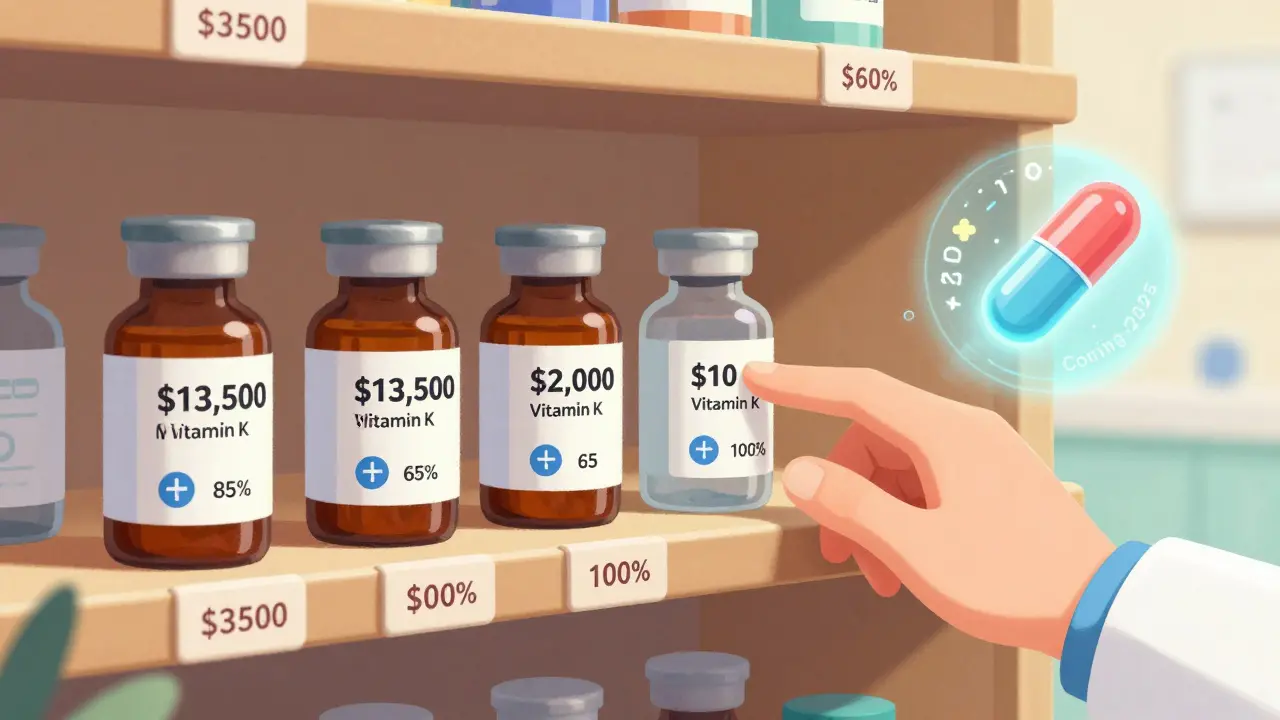 A hospital shelf showing reversal agents with prices and availability rates, with PCC and vitamin K chosen as the practical pair.