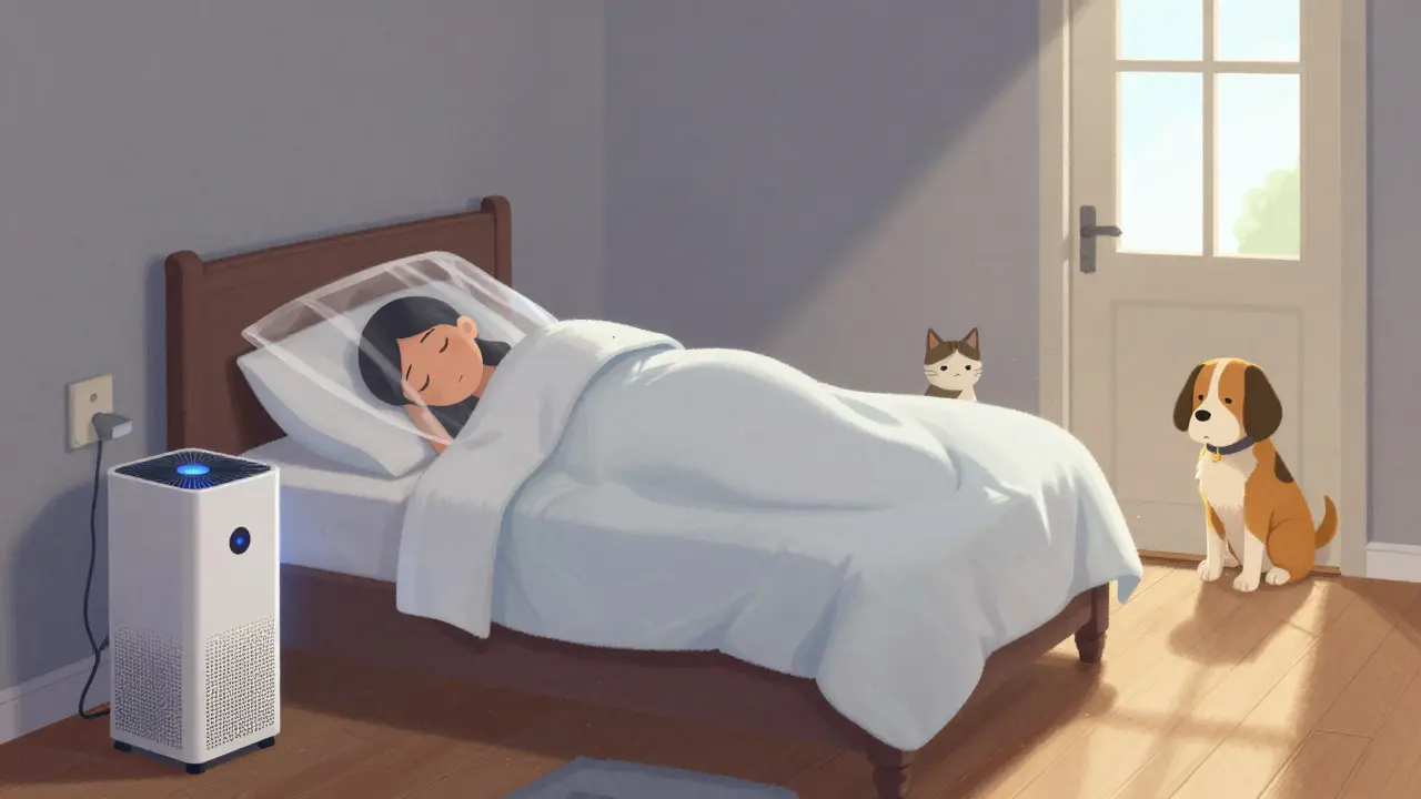 A peaceful bedroom with no pets, HEPA purifier running, and allergen-proof bedding, symbolizing a safe zone for allergy relief.