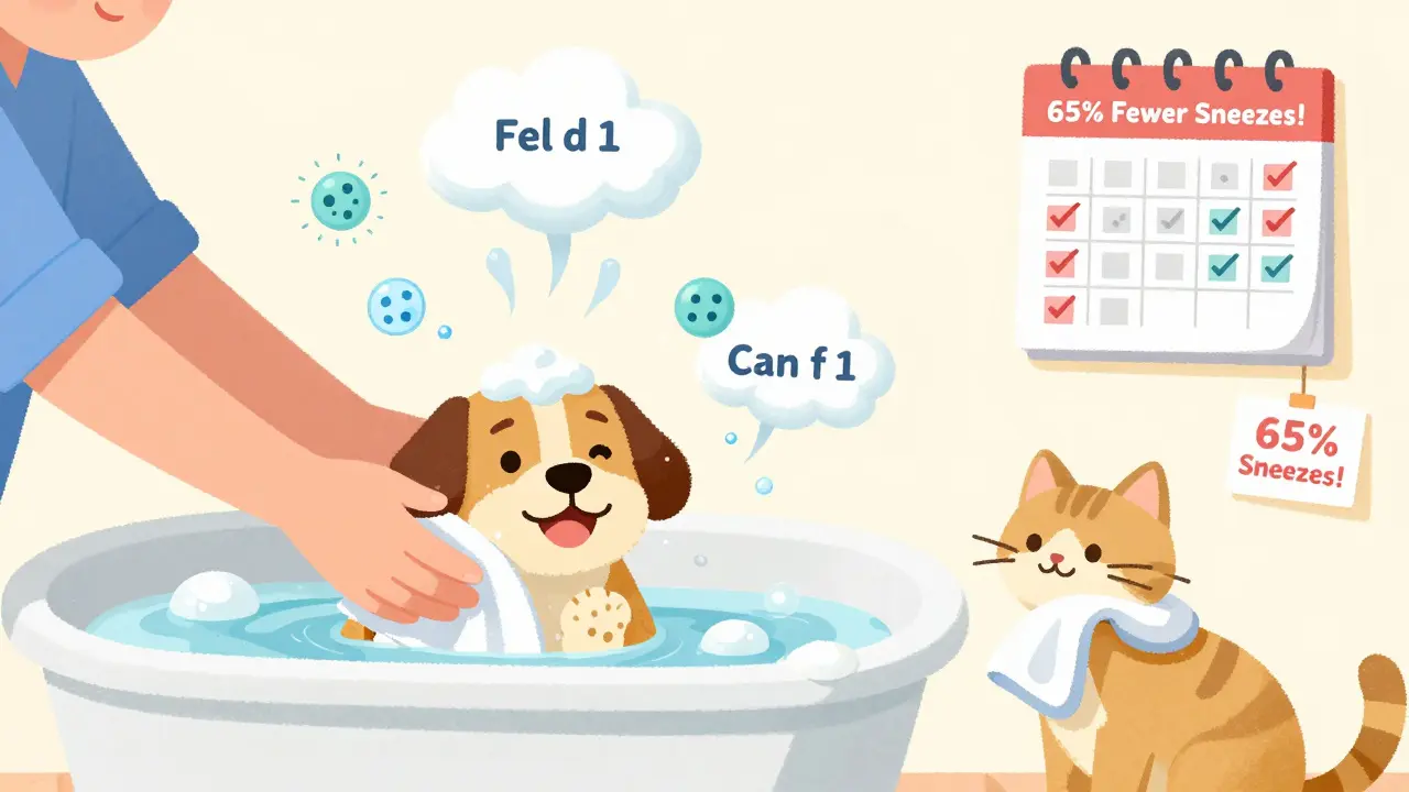 A person bathing a dog and wiping a cat with allergy-reducing products, as allergen particles dissolve into steam.