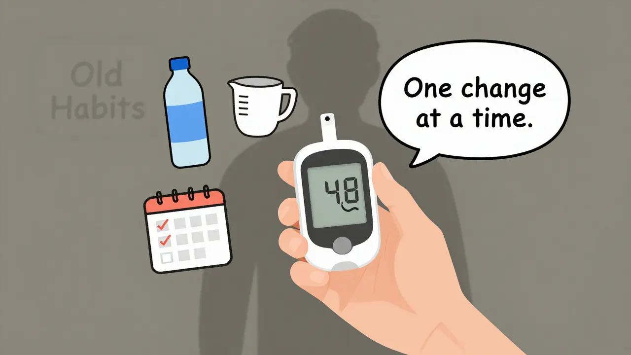 A person holding a glucose monitor surrounded by healthy habit symbols, with fading bad habits in the background.