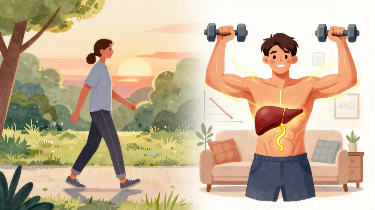 A person walking and lifting weights, with glowing liver and pancreas showing improved function from exercise.