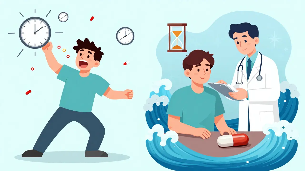 A split illustration showing rapid pill use versus slow, controlled switch to a longer-acting benzodiazepine for safer tapering.