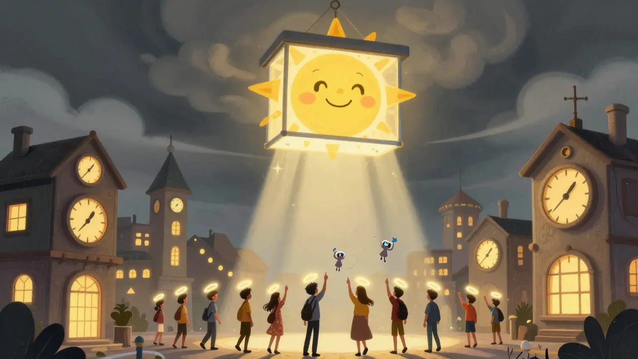 A stylized city where light therapy boxes glow in the sky, melting gray clouds and restoring hope to people below with radiant beams.