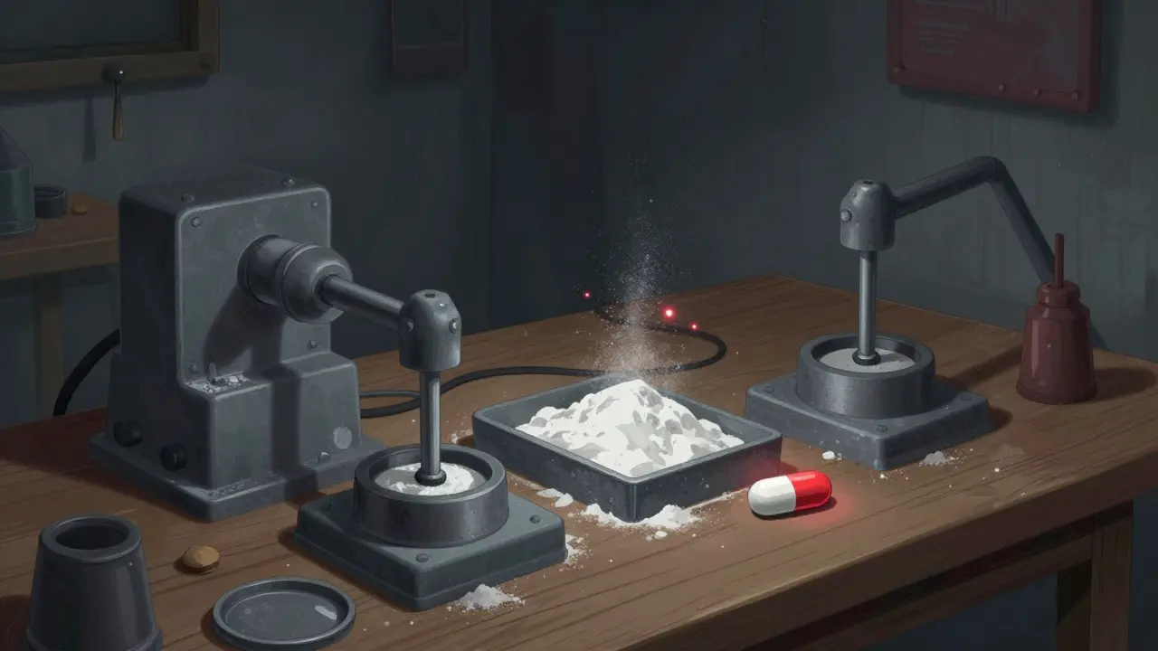 Dark workshop table with pill molds and red glowing dust.