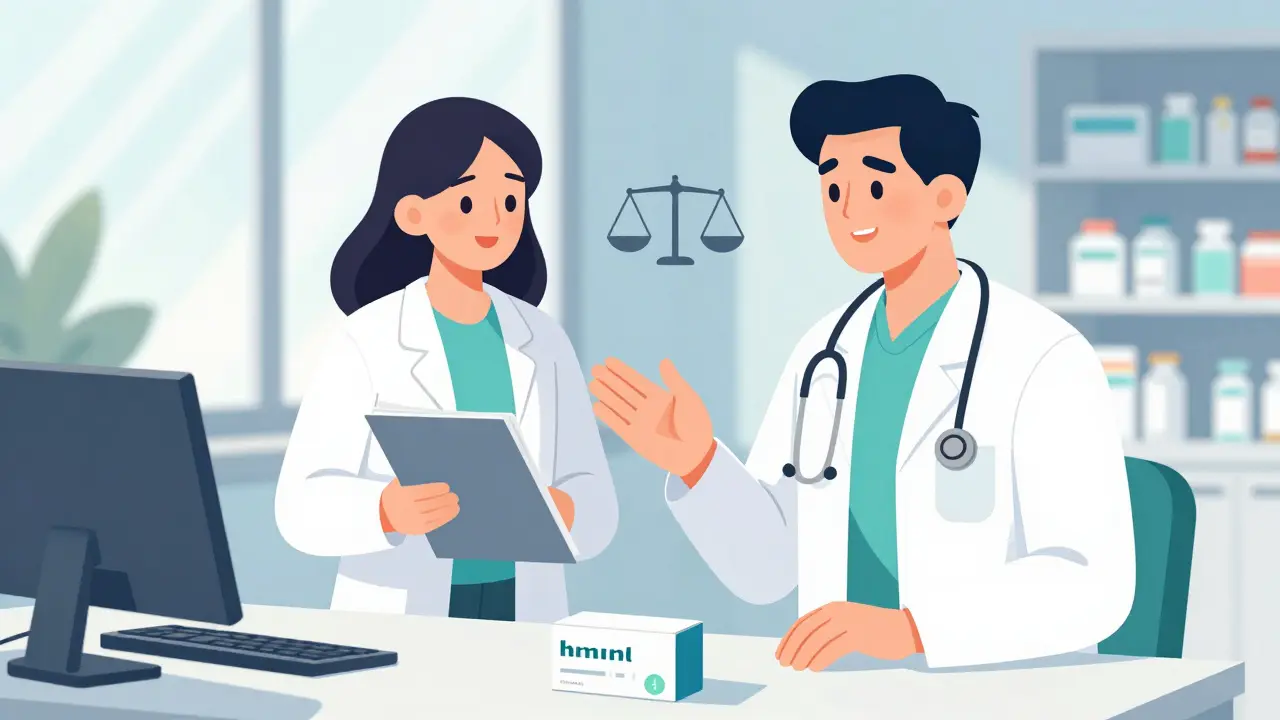 Doctor and pharmacist smiling by desk with medicine box.