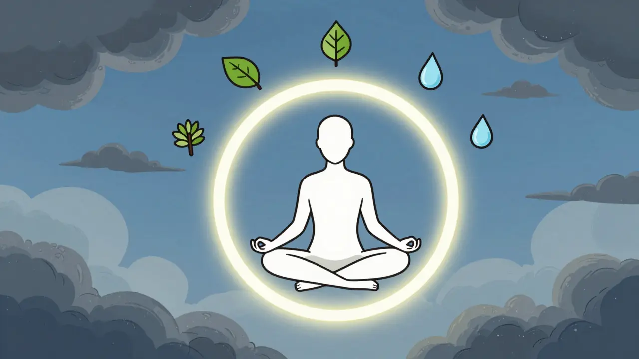 Figure meditating surrounded by calming nature symbols.
