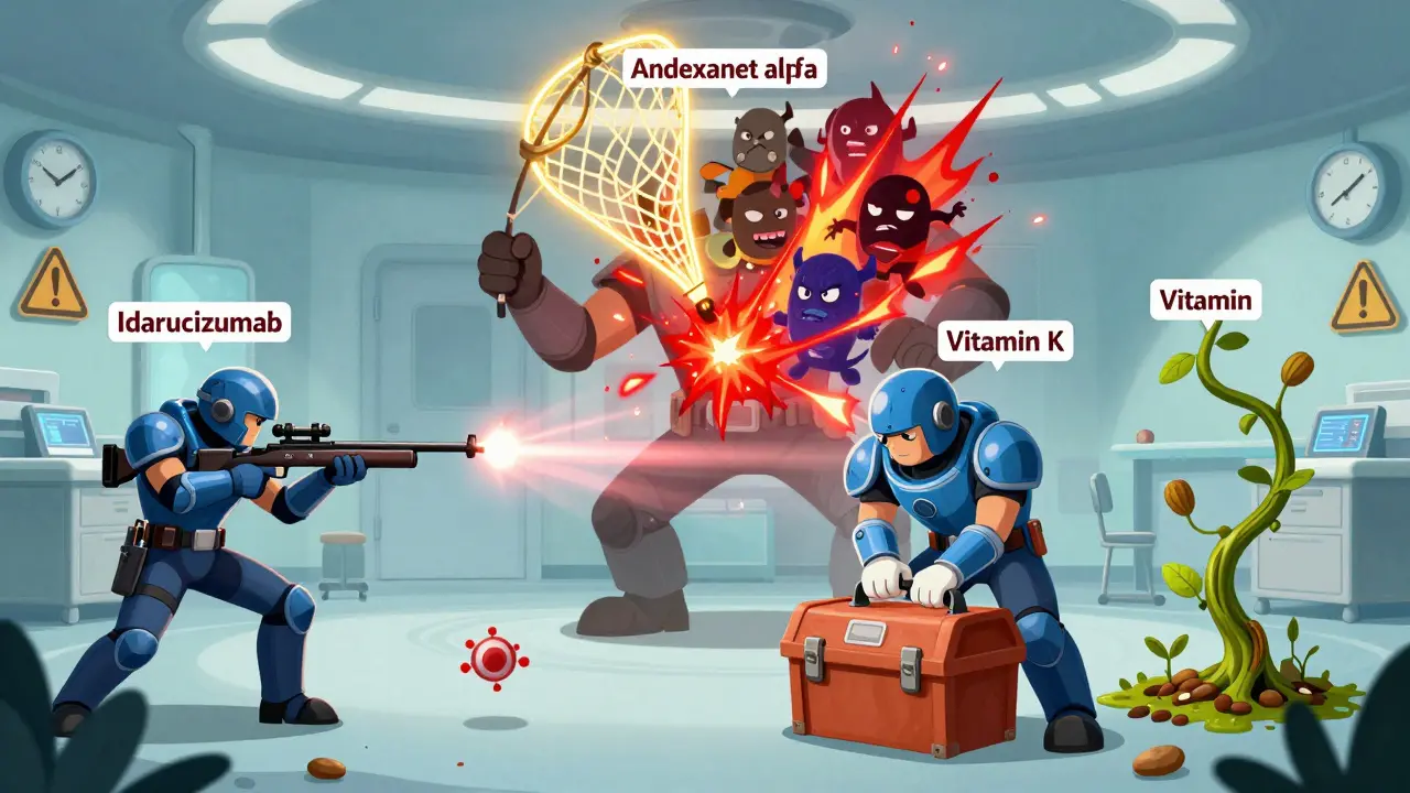 Four medical reversal agents depicted as characters in a battle: one precise, one risky, one practical, one slow-growing.