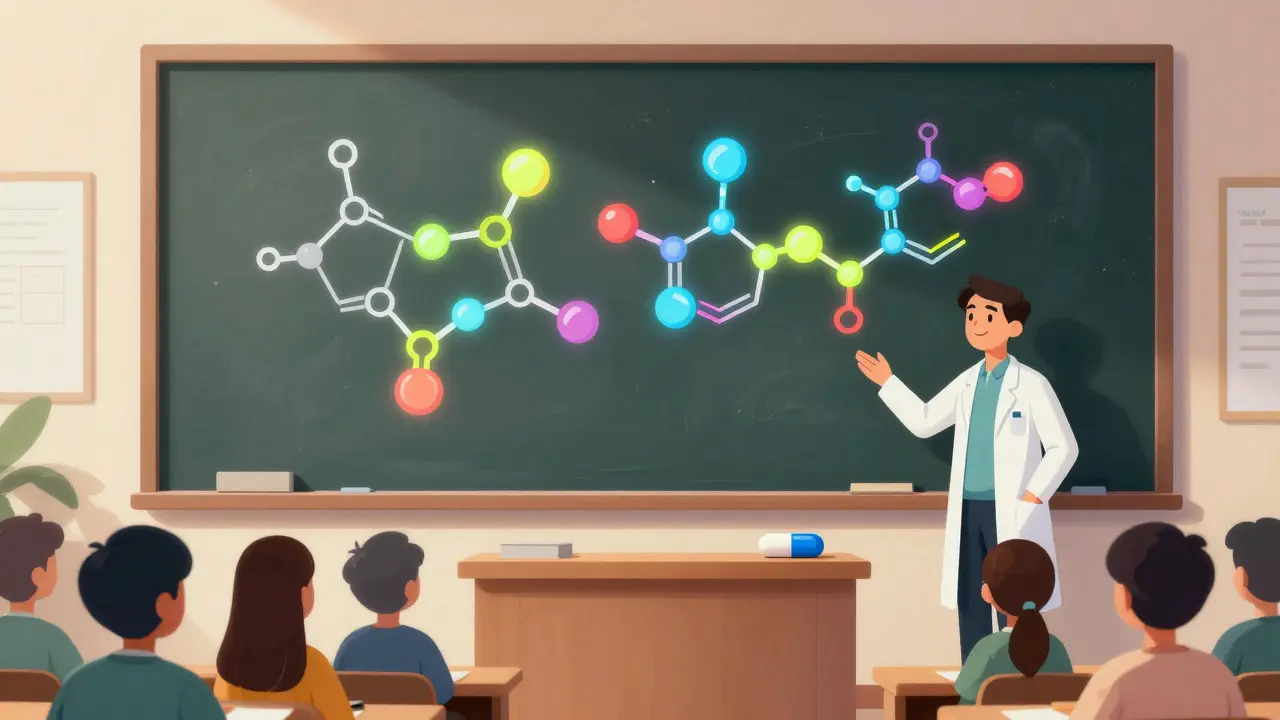 Lecture hall showing big molecule chart and small pill.