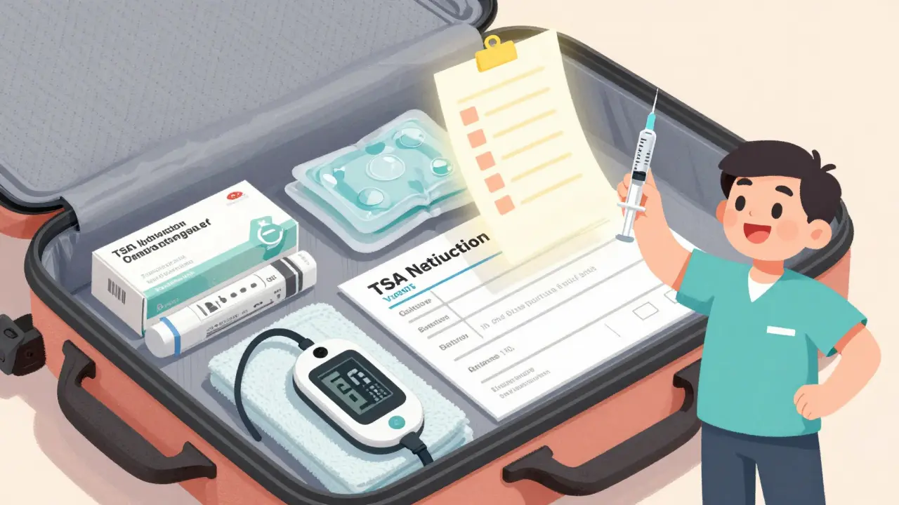 Open carry-on bag with organized insulin pens, ice packs, and medical documents, glowing checklist above.