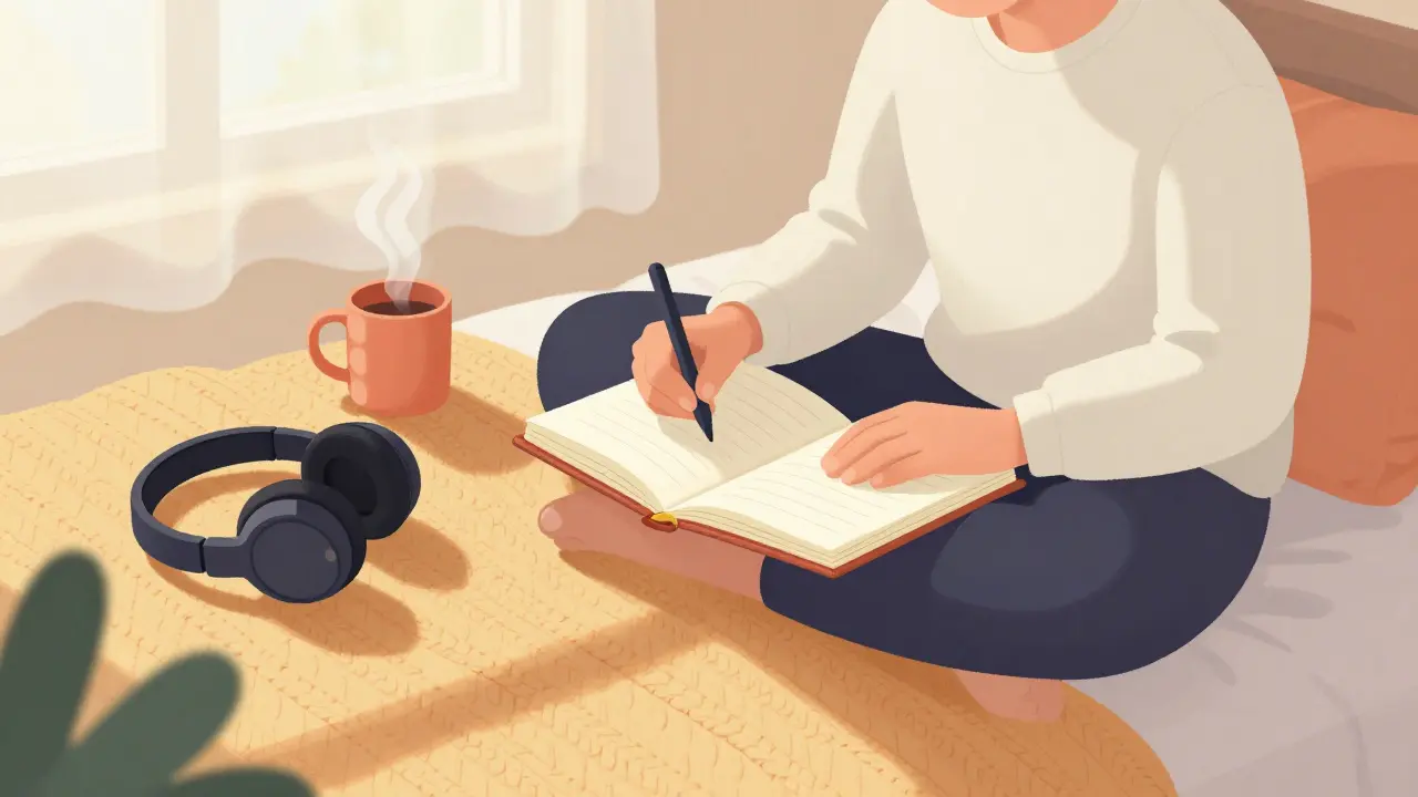 Person organizing wellness journal with comfort items.