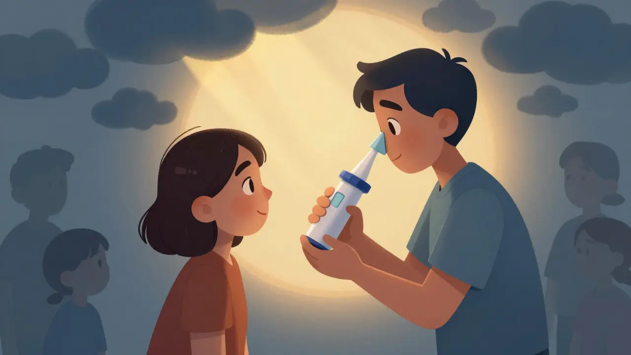 Person receiving nasal spray with warm light and support.
