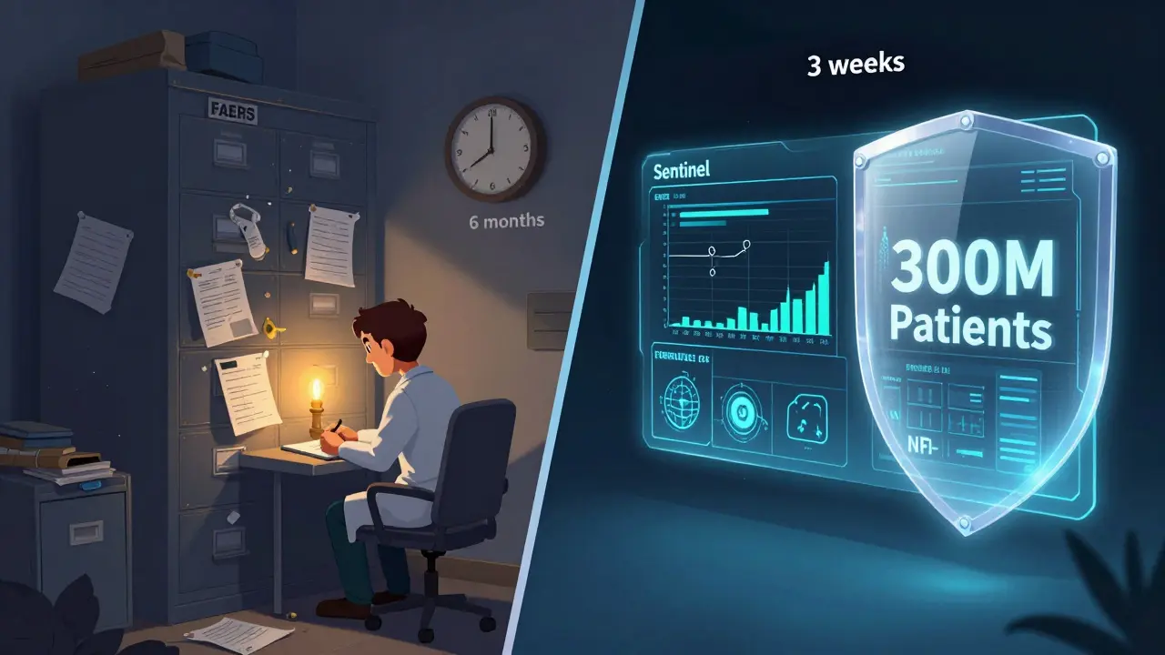 Side-by-side comparison: messy paper reports vs. a glowing digital dashboard showing faster, data-rich drug safety monitoring.