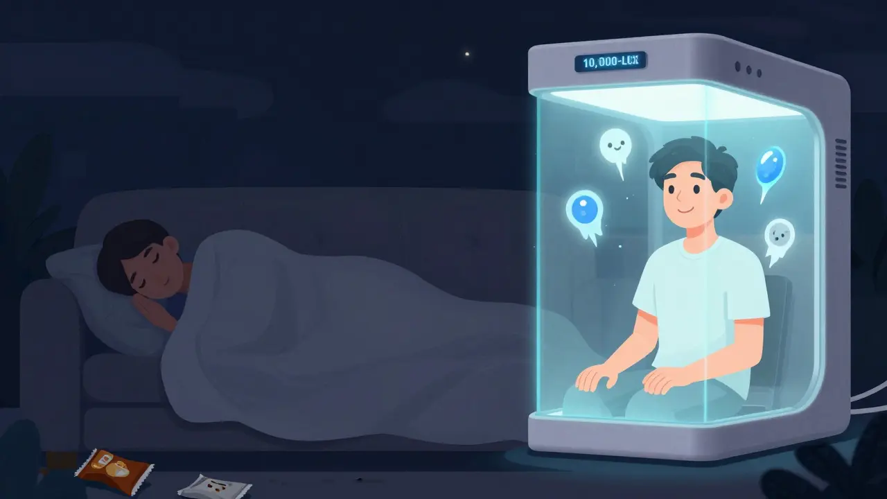 Split scene showing a person overcoming winter fatigue: one side depressed and dark, the other energized and lit by therapy light with biochemical icons.