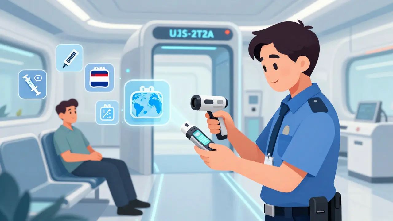 TSA officer using handheld scanner to inspect insulin pump in a futuristic medical screening lane.