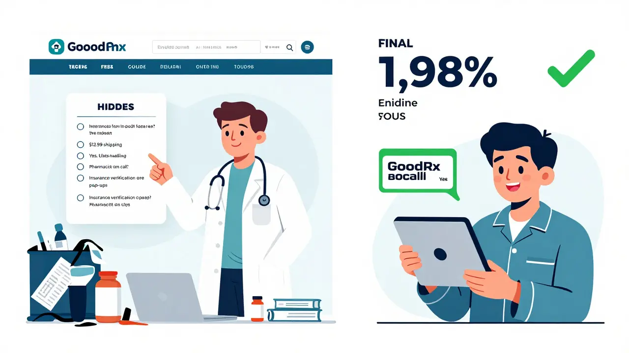 Two pharmacy websites side by side: one with hidden fees and confusion, the other clean and transparent, with a pharmacist guiding a user.