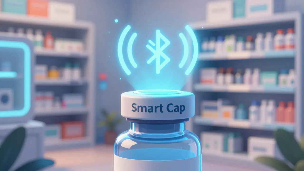 A futuristic smart medicine cap with a holographic Bluetooth signal