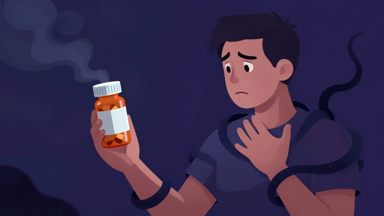 A person experiencing the nocebo effect as shadowy shapes represent pain from a generic medication.