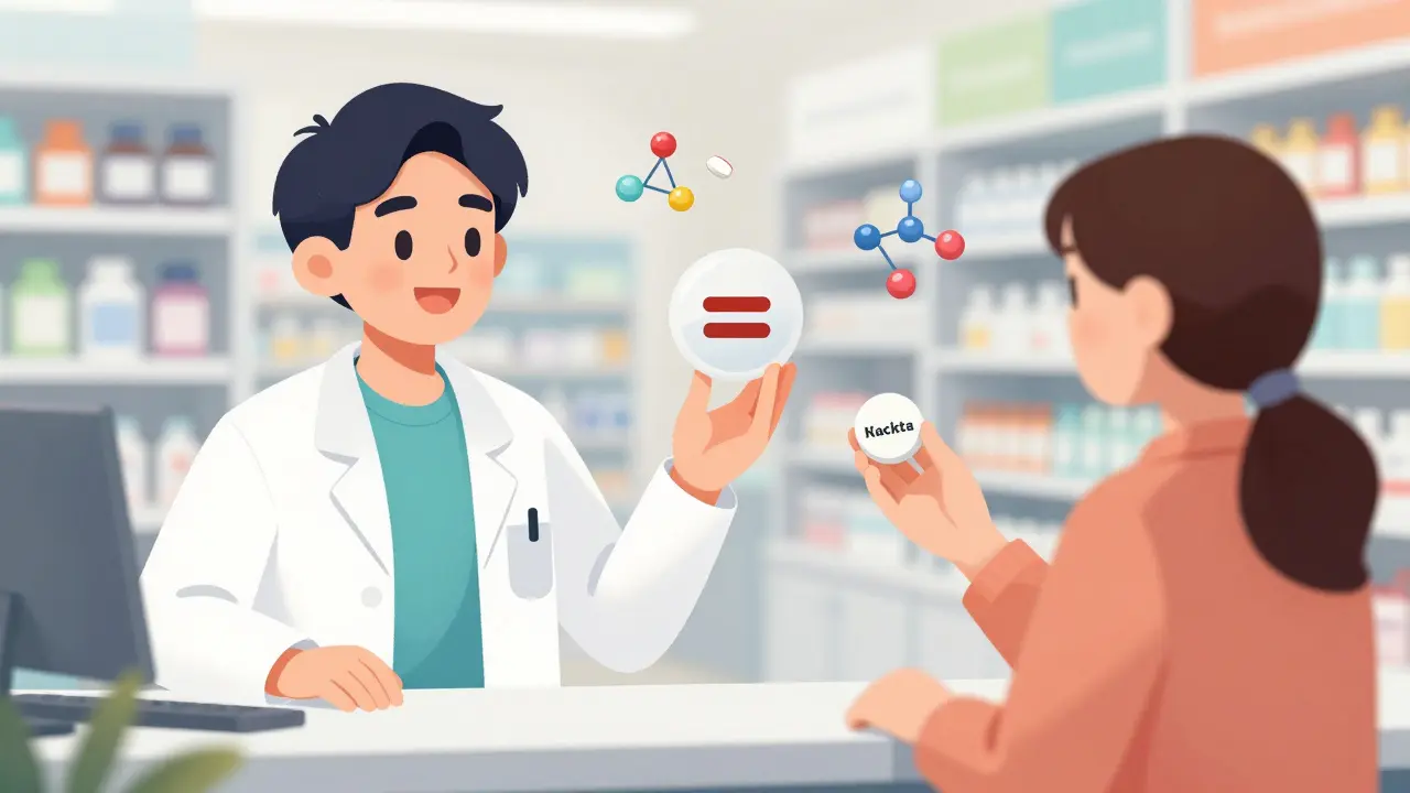 A pharmacist explaining the molecular equivalence of brand-name and generic drugs to a patient.