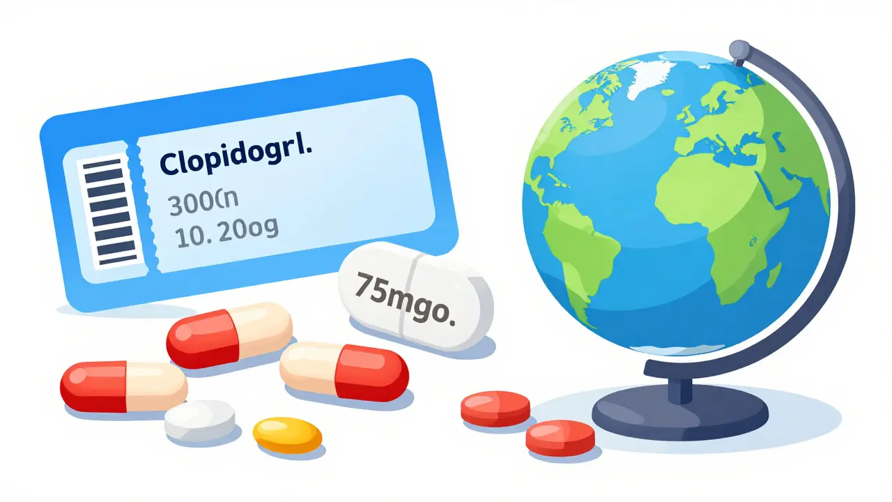 Assorted generic clopidogrel tablets and a digital coupon next to a globe.